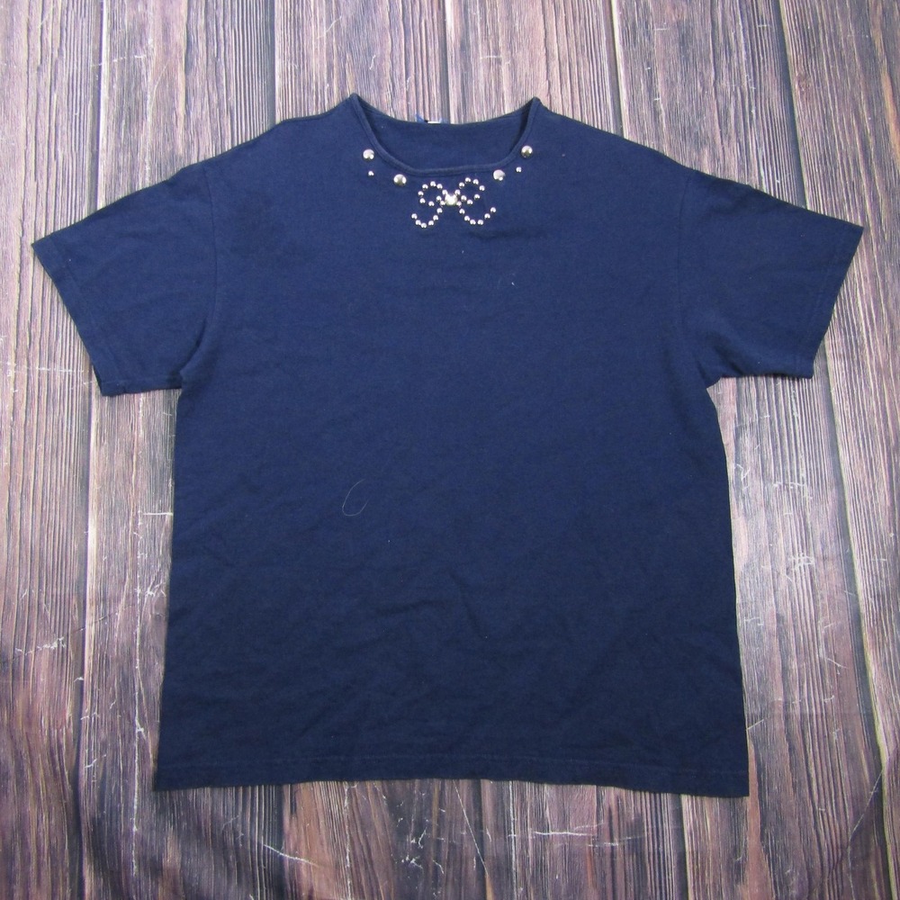 T-Shirt Womens XL Blue Beaded Bow Crew Neck Short Sleeve Jersey Top Granny 90s